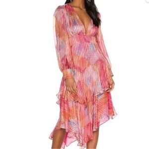 LOVESHACKFANCY Meridian Dress Womens 6 Pink  Watercolor Print Long Sleeve silk